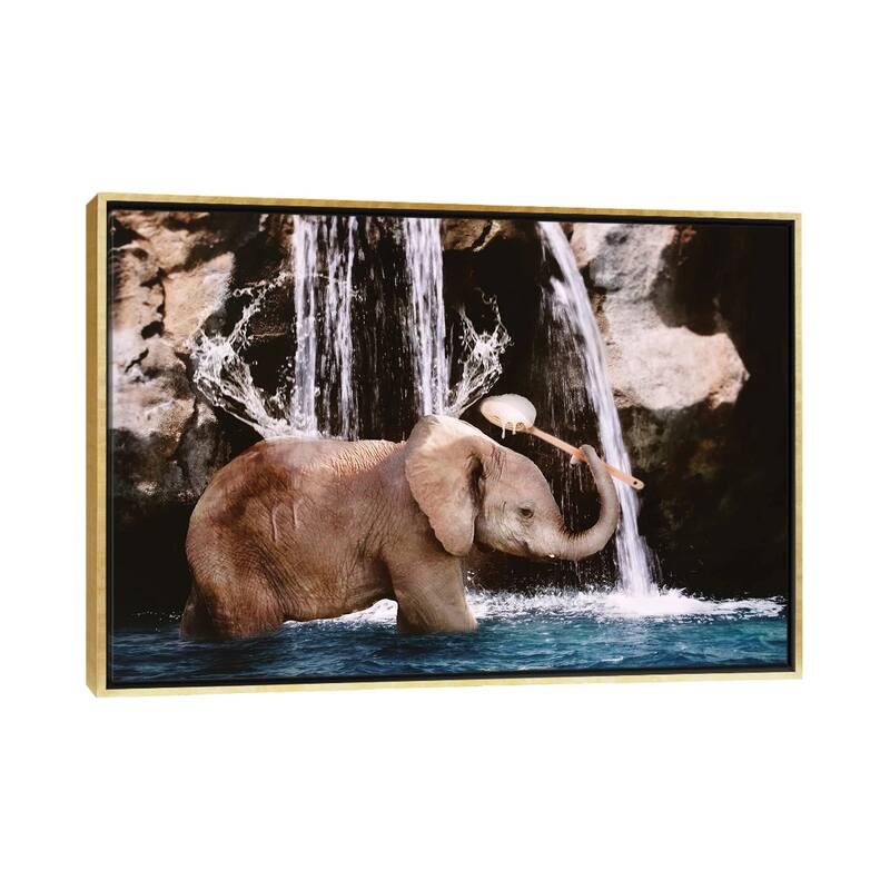 iCanvas "Baby Elephant Bath" by Karen Burke Framed - Gold - 18x26