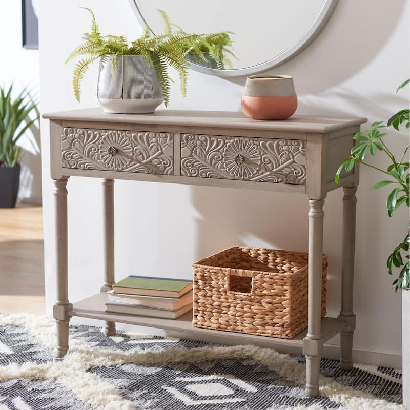 SAFAVIEH Leonia 2-Drawer Console Table - 35.5" W x 13" L x 29.5" H - 36Wx13Dx30H - Greige