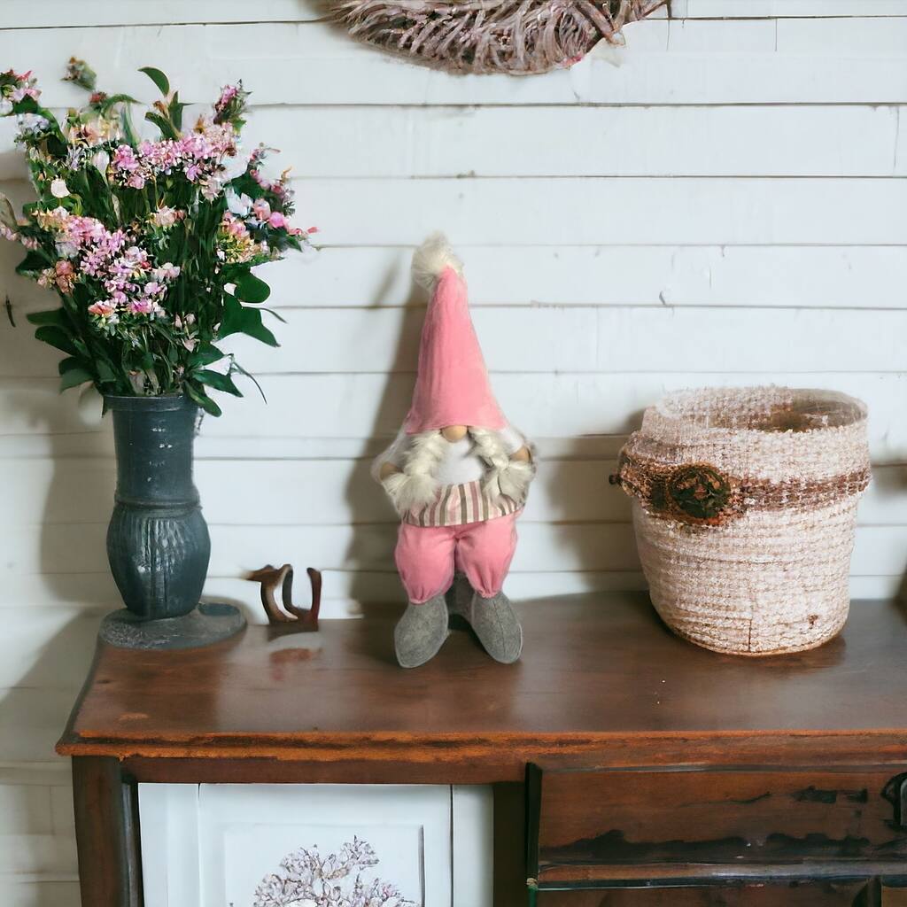 HomeRoots 30" Pink and White Fabric Sitting Gnome - 12.5' X '29.9' X '16.5