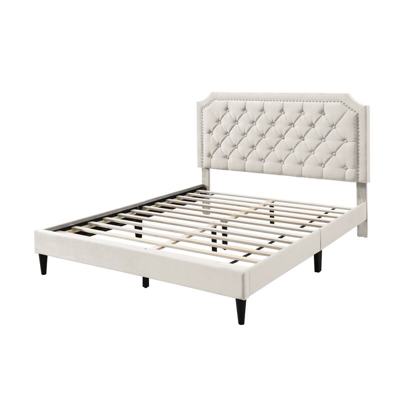 Ava Clipped-Edge Nailhead-Trim Button Tufted Upholstered Platform Bed