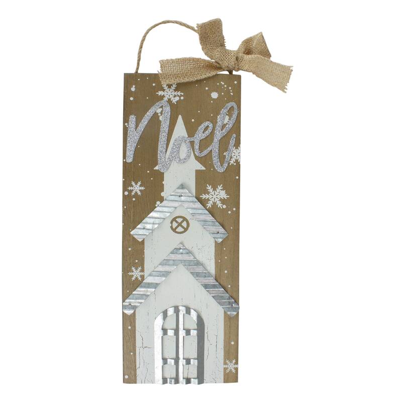 12.5 White Church and Snowflakes with Metal Noel Wooden Christmas Wall Decoration - 12.5"