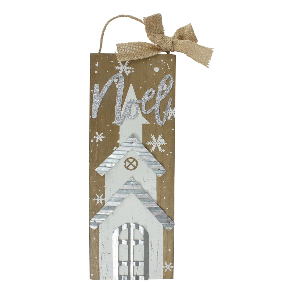 12.5 White Church and Snowflakes with Metal Noel Wooden Christmas Wall Decoration - 12.5"