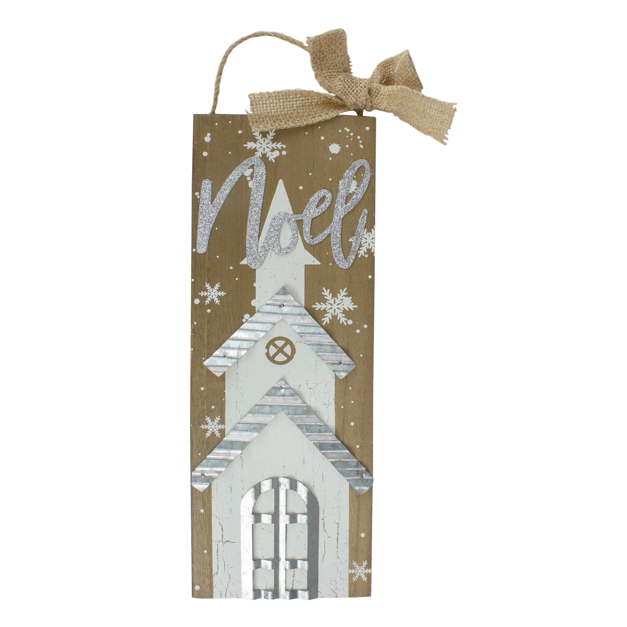 12.5 White Church and Snowflakes with Metal Noel Wooden Christmas Wall Decoration - 12.5"
