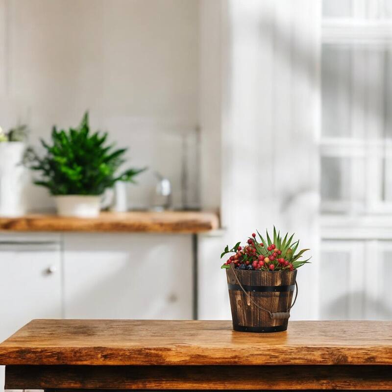 Rustic 6.75" Wood Bucket Planter for Indoor Plants & Tabletop Decor