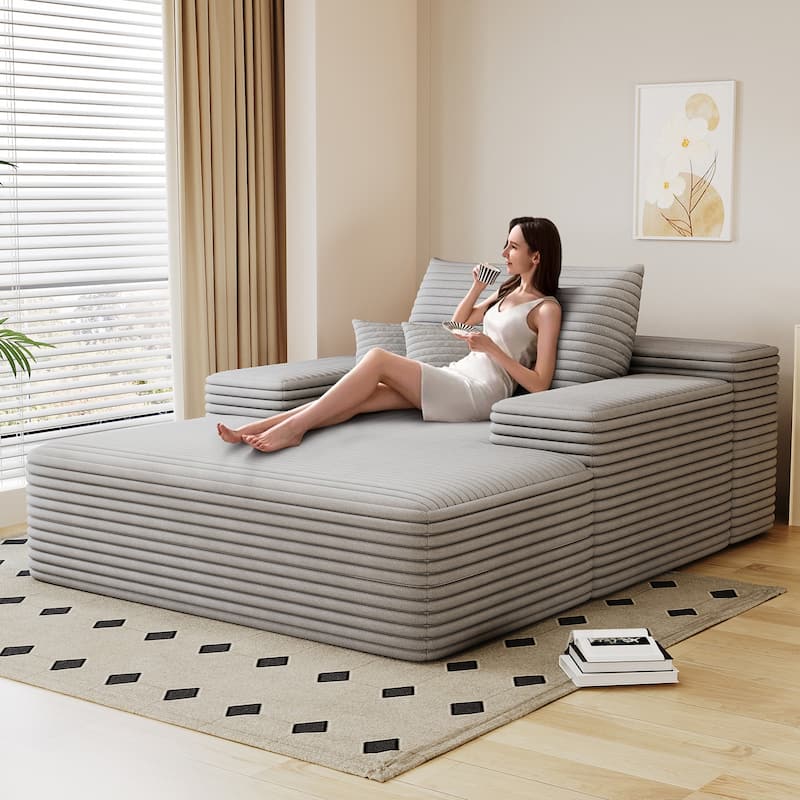 68"x51" Indoor Chaise Lounge Chair, Corduroy, Antique Grey