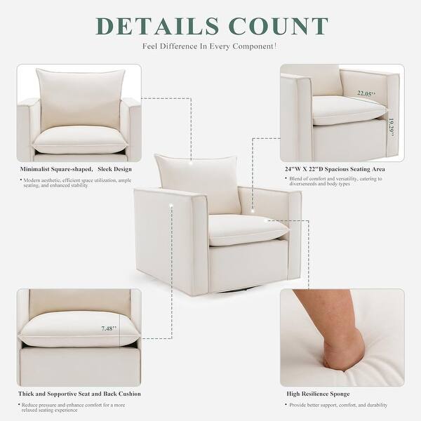 Swivel Accent Chair, 34'' Wide Upholstered Arm Chair with Plump Back Pillow, Modern Sofa Living Room Chair for Bedroom, Corner
