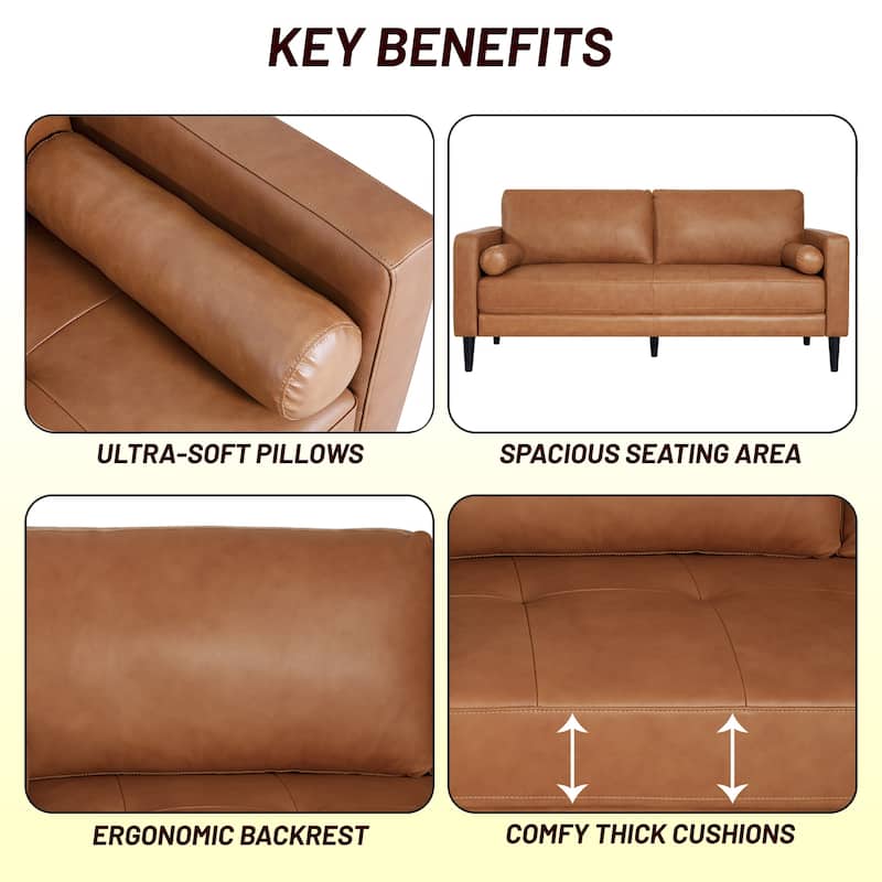 Luxury Cowhide Leather Loveseat with Firm Cushions, Spacious 2-Seat Design, and Bolster Pillows