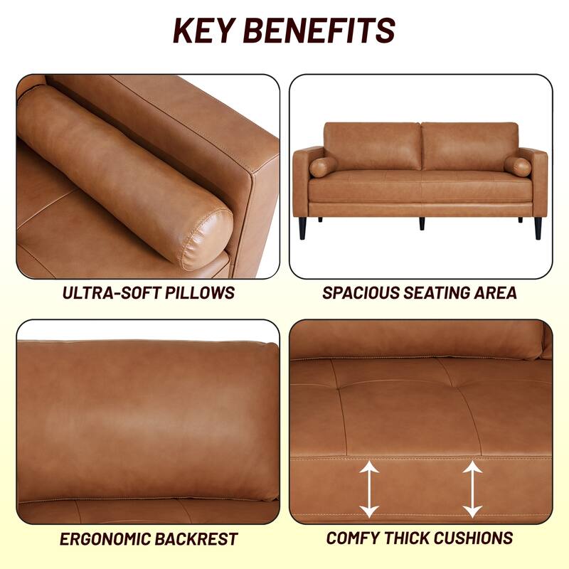 Modern Genuine Leather Sofa with Wooden Legs, Plush Seating, and Included Bolster Pillow for Maximum Comfort