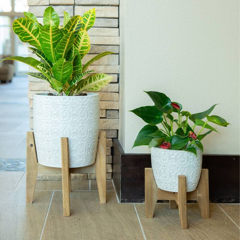 Mid-Century 10" & 6.6" Cathedral Ceramic planter on Stand ， SET OF 2