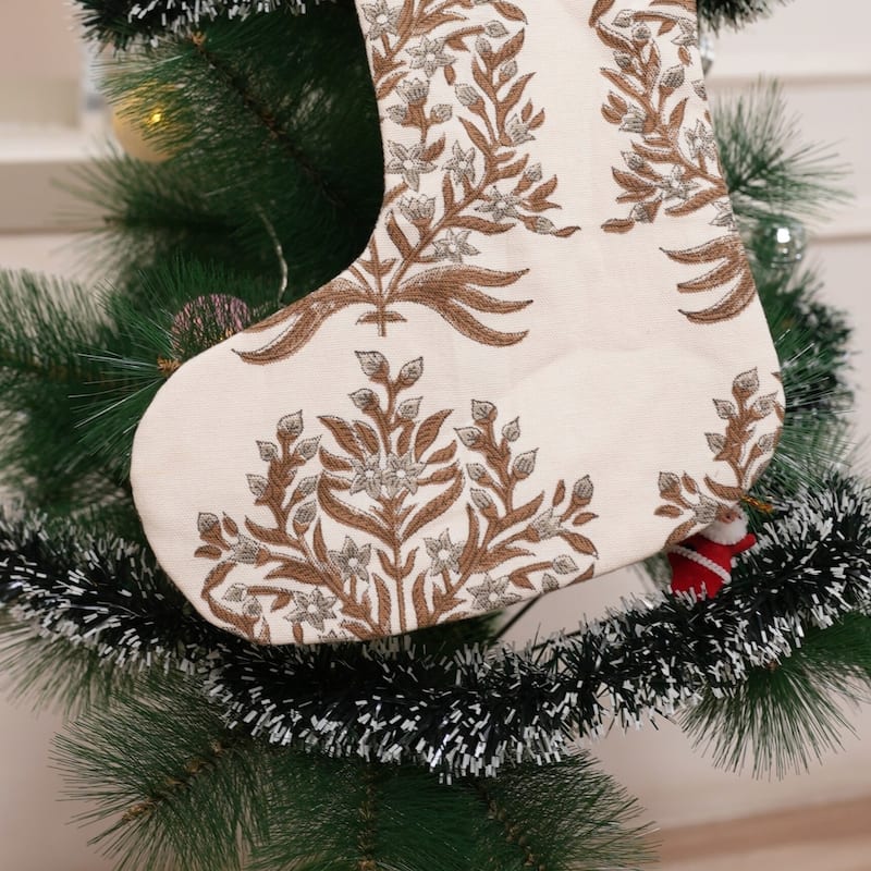 Fabdivine Handmade Christmas Stocking Floral Block Print 10X4.5 Inch Tassel Loop for Home Décor - 10"X4.5"
