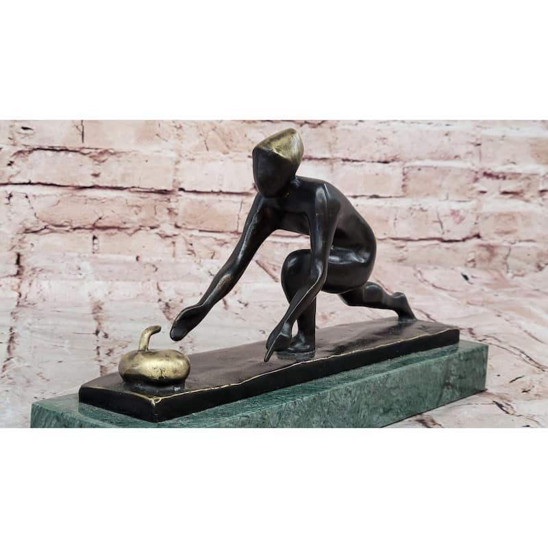 Bronze Curling Player Sculpture – Sports Themed Artwork On Marble Base
