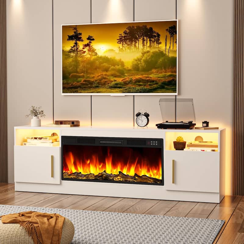 Bossin 70" Fireplace TV Stand with 36" Electric Fireplace, TV Stand for TVs Up to 80", 16 Colors LED Lights/Entertainment Center - White