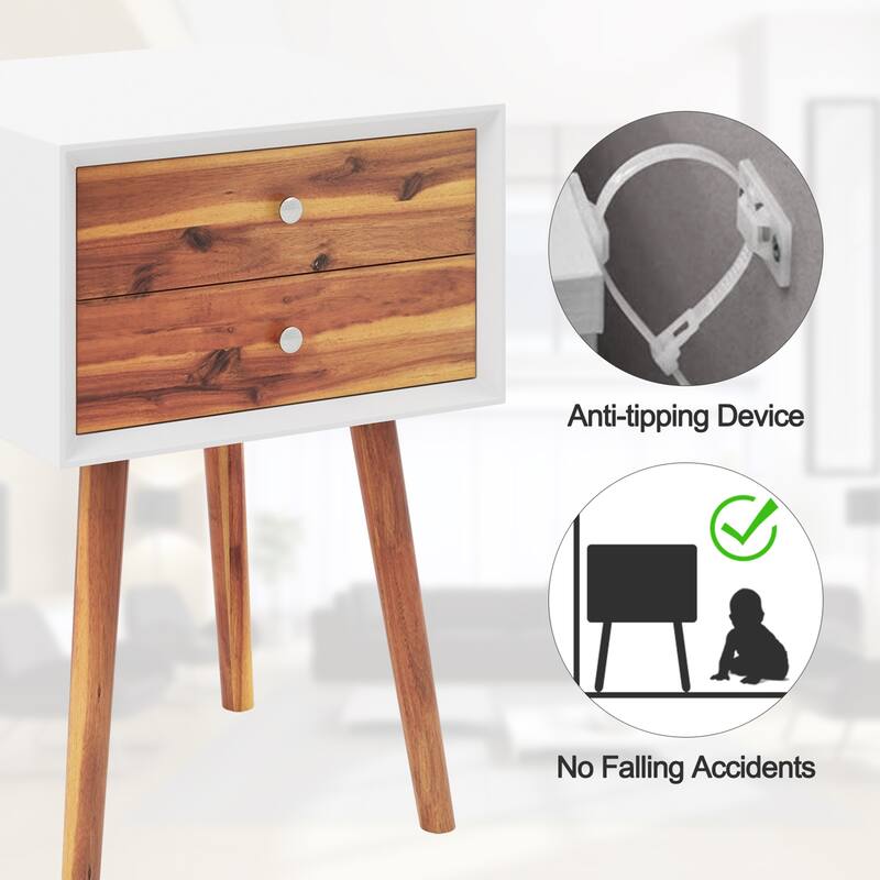 Gymax 2PCS Wooden Nightstand Mid-Century End Side Table W/2 Storage
