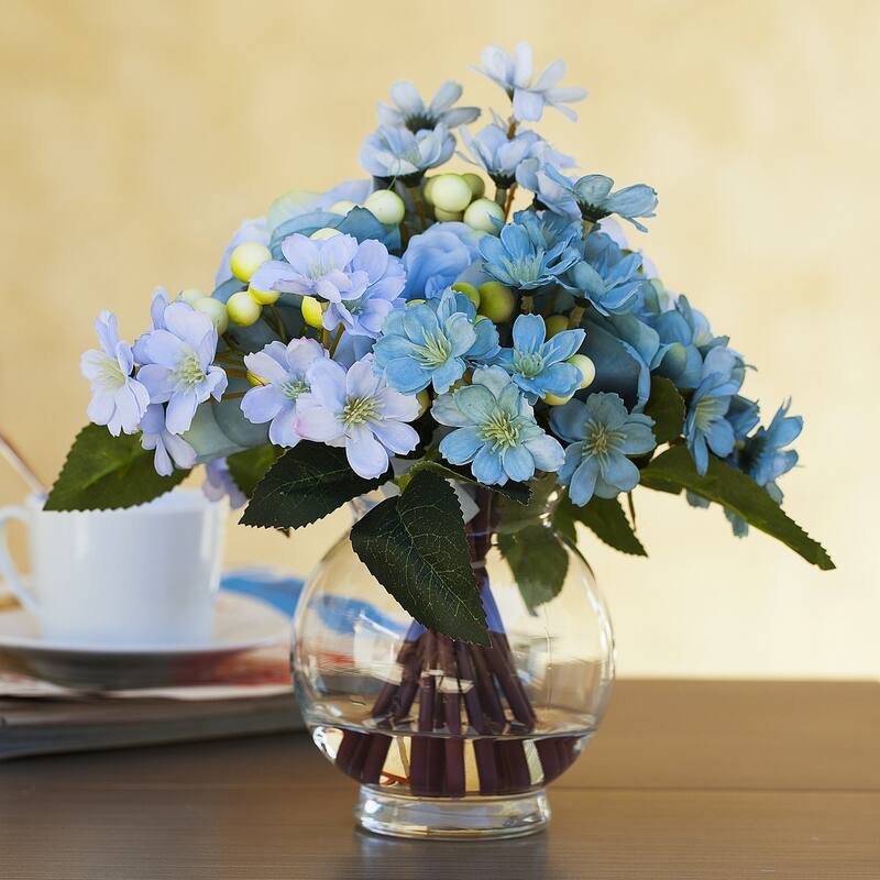 Enova Home Mixed Artificial Silk Roses Fake Flowers Arrangement in Clear Glass Vase Wwth Faux Water for Home Decoration