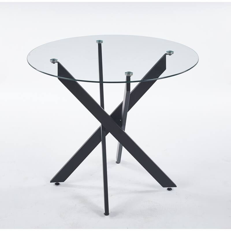 Modern Round Glass Dining Table for 2 to 4 Person, Circle Kitchen Table with Tempered Glass Top and Cross Metal Legs