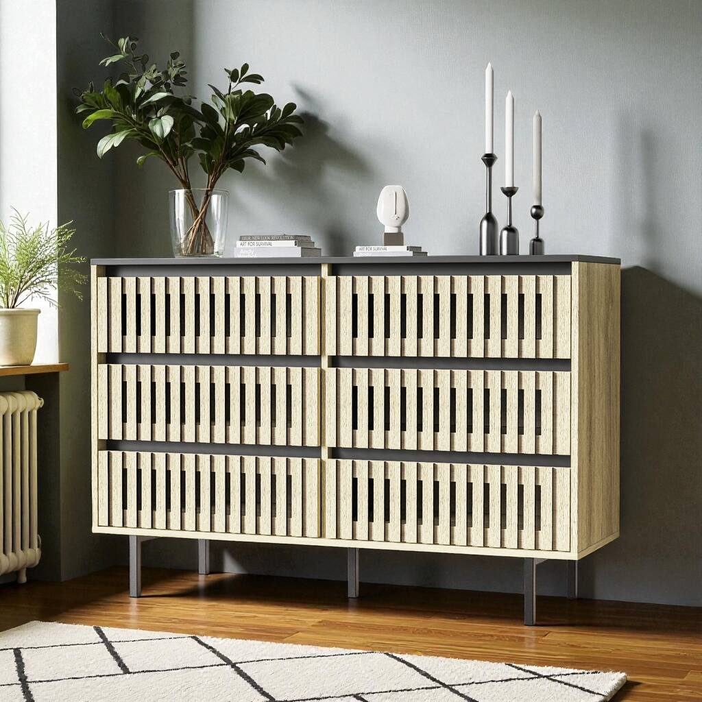 Modern Fluted 6-Drawer Bedroom Storage Cabinet Two-Tone Minimalist Wood Dresser Large Capacity Chest for Home