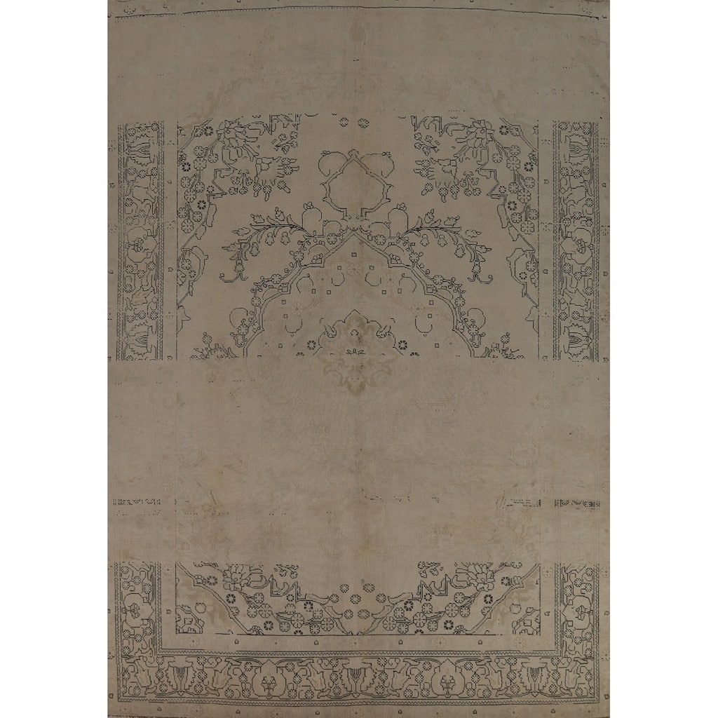 Distressed Tabriz Persian Vintage Rug Handmade Beige Wool Carpet - 8'0" x 11'6"