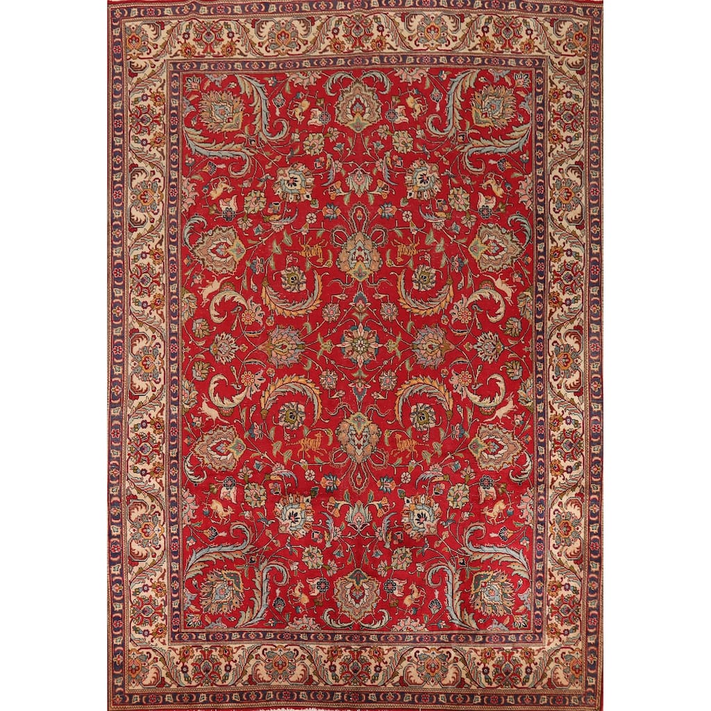 Floral Red Tabriz Persian Vintage Rug Handmade Wool Carpet - 9'8" x 12'8"