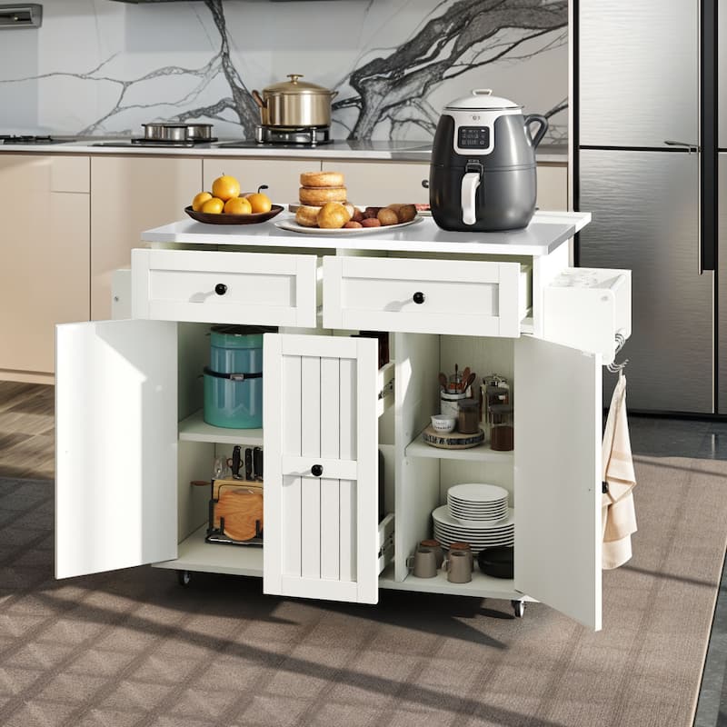 Moasis Wooden Kitchen Island with Drop Leaf Rolling Cart Extra Large Work Surface and Storage Drawers Towel Spice Rack