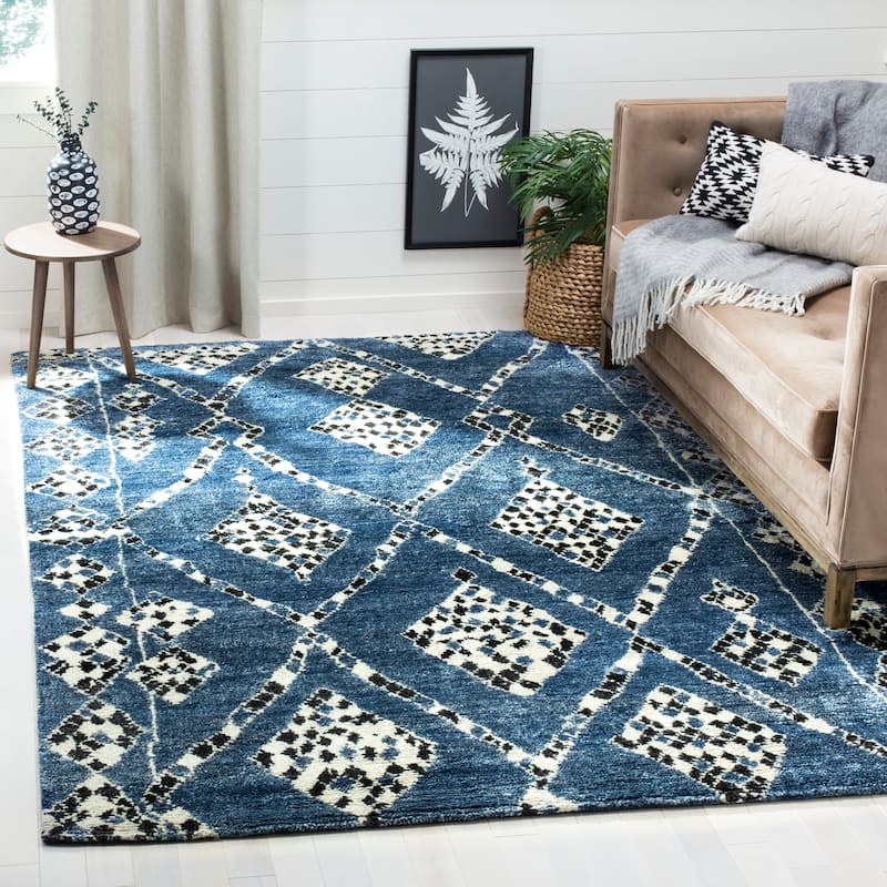 SAFAVIEH Couture Handmade Moroccan Oshra Modern Viscose Rug - 9' x 12' - Blue/Black