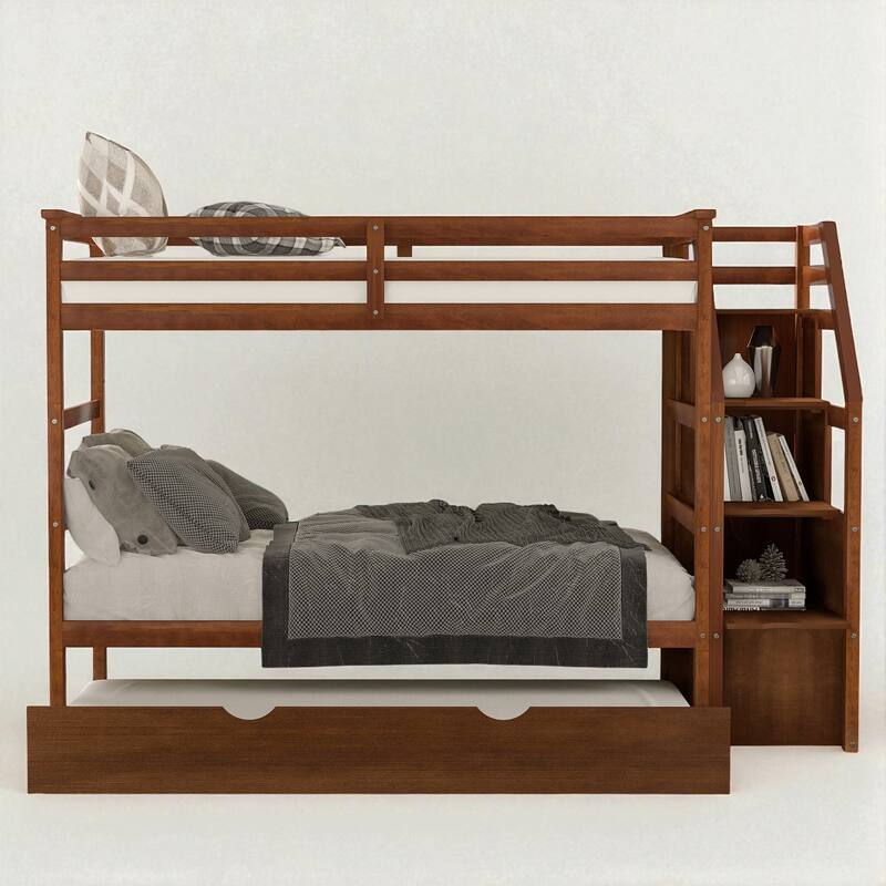 Twin Over Twin Bunk Bed with Trundle and 3 Storage Stairs, Solid Wood Frame, No Box Spring Required - Walnut - Twin