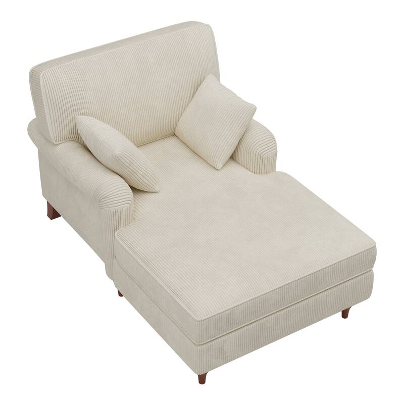 Beige Chaise Lounge Chair with 2 Pillows, Corduroy Fabric Sleeper Sofa Chair, 40.5'' Oversized Single Chair Bed, Rolled Armchair
