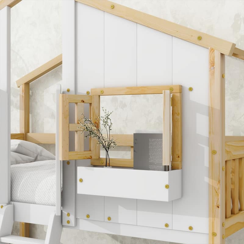 Twin over Twin House Bunk Bed with Roof , Window, Window Box, Door