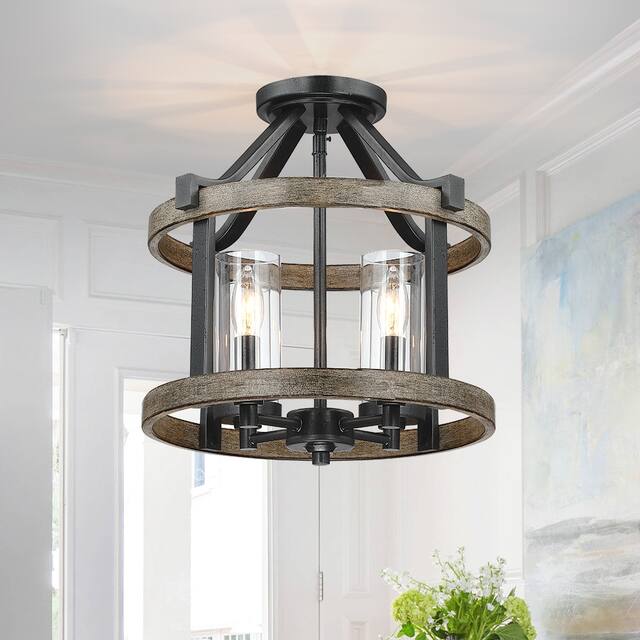 12.5 in. 4-Light Natural Iron and Distressed Faux Wood Modern Farmhouse Semi-Flush Mount Ceiling Light - 12.5"W