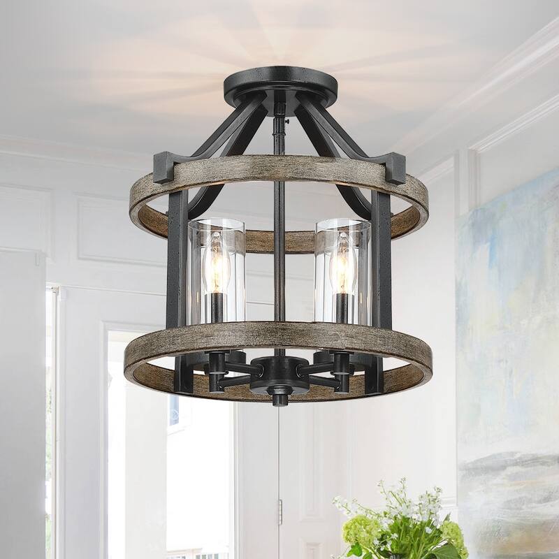 12.5 in. 4-Light Natural Iron and Distressed Faux Wood Modern Farmhouse Semi-Flush Mount Ceiling Light - 12.5"W