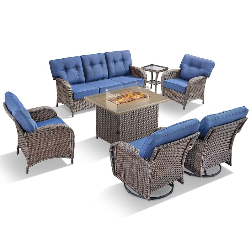 TWrap Wicker Patio Fire Pit Conversation Set with 3-Seat Sofa & Swivel Gliders & Armchairs