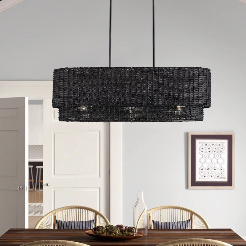 Farmhouse 3-Light Handwoven Rattan Large Shades Pendant Light for Kitchen Island