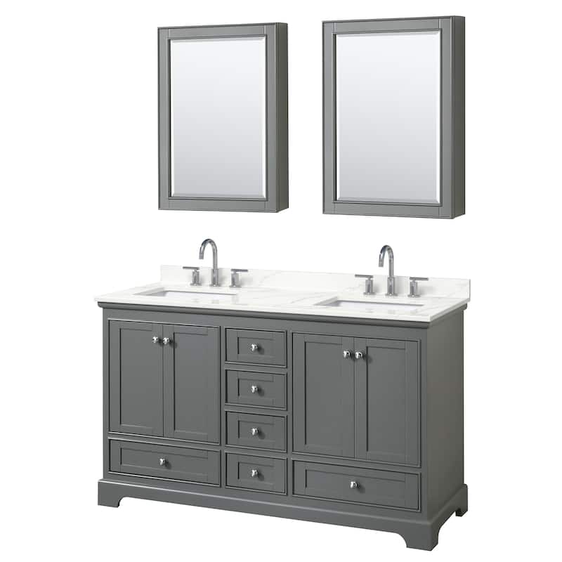 Deborah 60-inch Double Vanity, Quartz Top, Medicine Cabinets - Dark Gray, Chrome Trim, Giotto Quartz Top