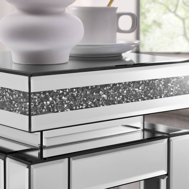 Mirrored End Table Square with Crystals Inlay, 2-Tier Modern Small Sofa Table with Storage, Silver Accent Table for Living Room