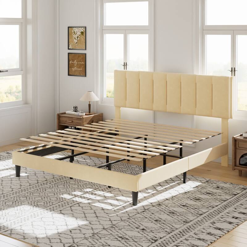 Javlergo Adjustable Height King Bed Upholstered Platform Bed 7.9" Underbed Storage No Box Spring Required Center Support Leg