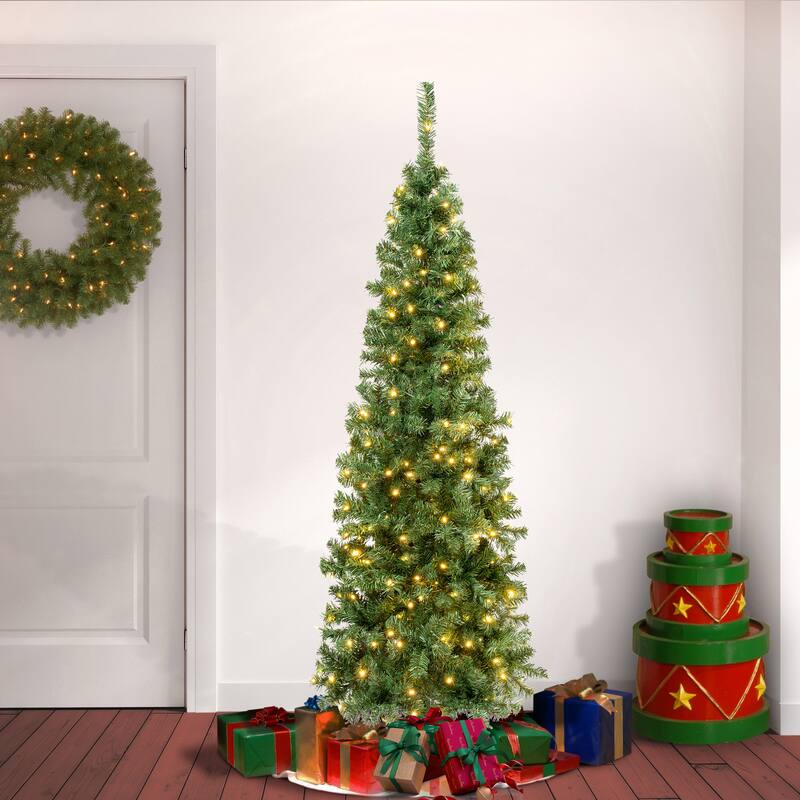 National Tree Company 6 ft. Pre-lit Artificial Linden Spruce Slim Wrapped Tree 250 Warm White LED Lights- UL - 6 Foot