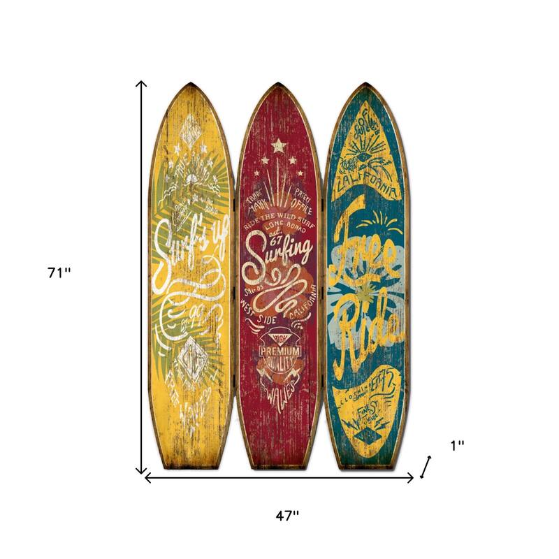 HomeRoots 71" Blue Red and Yellow Solid Wood Folding Three Panel Screen Room Divider - 47' X '71' X '1