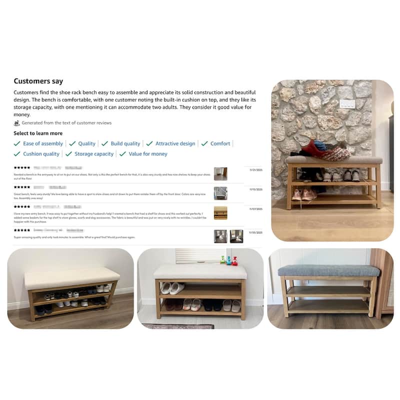 HUIMO Multi-Functional Solid Wood Bench with Storage Shelves 46in/39in/31in