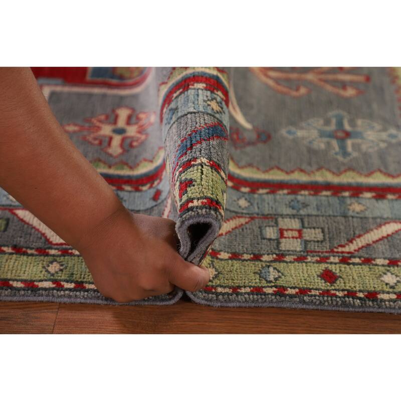Gray Geometric Kazak Oriental Accent Rug Hand-Knotted Wool Carpet - 3'4"x 5'0"