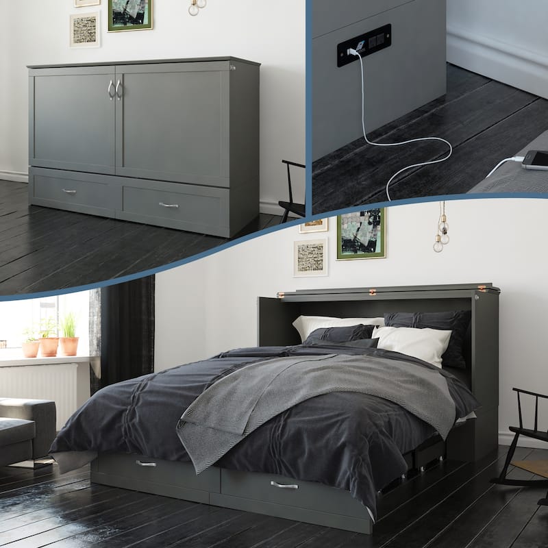 Hamilton Queen Murphy Bed Chest with 6" Mattress, Storage Drawer & Built-In Charger in Grey