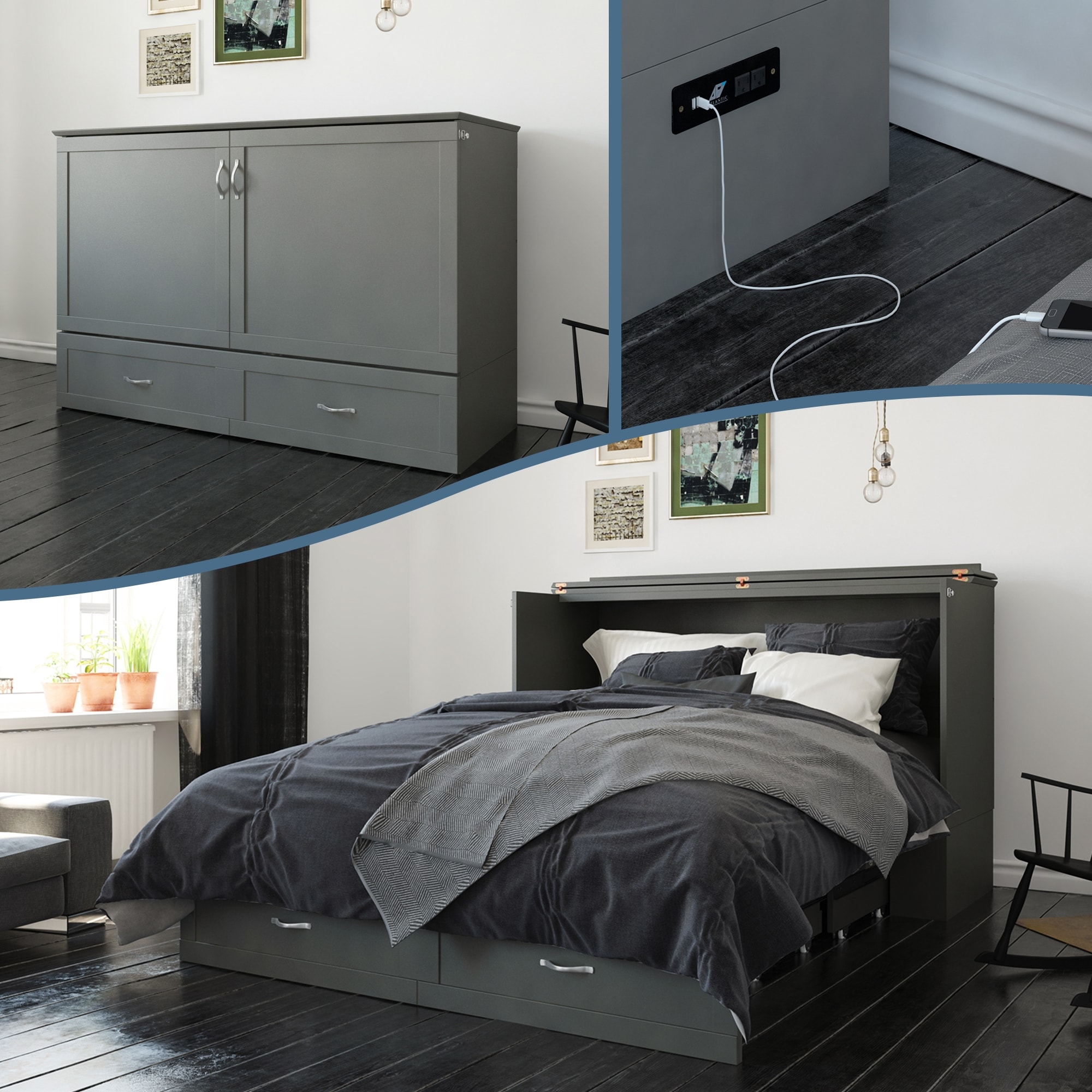 Hamilton Queen Murphy Bed Chest with 6" Mattress, Storage Drawer & Built-In Charger in Grey