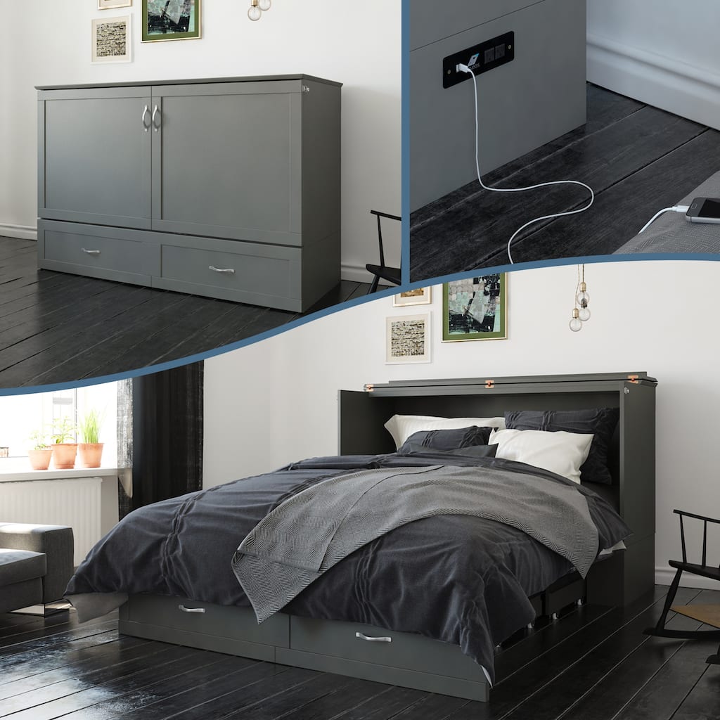 Hamilton Queen Murphy Bed Chest with 6" Mattress, Storage Drawer & Built-In Charger in Grey