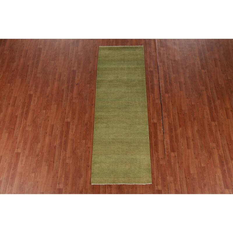 Hand Knotted Oriental 100% Wool Carpet Modern Solid Green Gabbeh Runner Rug - 8' 2'' X 2' 9''