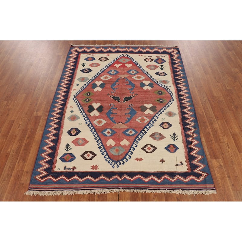 Tribal Kilim Qashqai Persian Vintage Rug Hand-Woven Wool Carpet - 4'8"x 6'3"