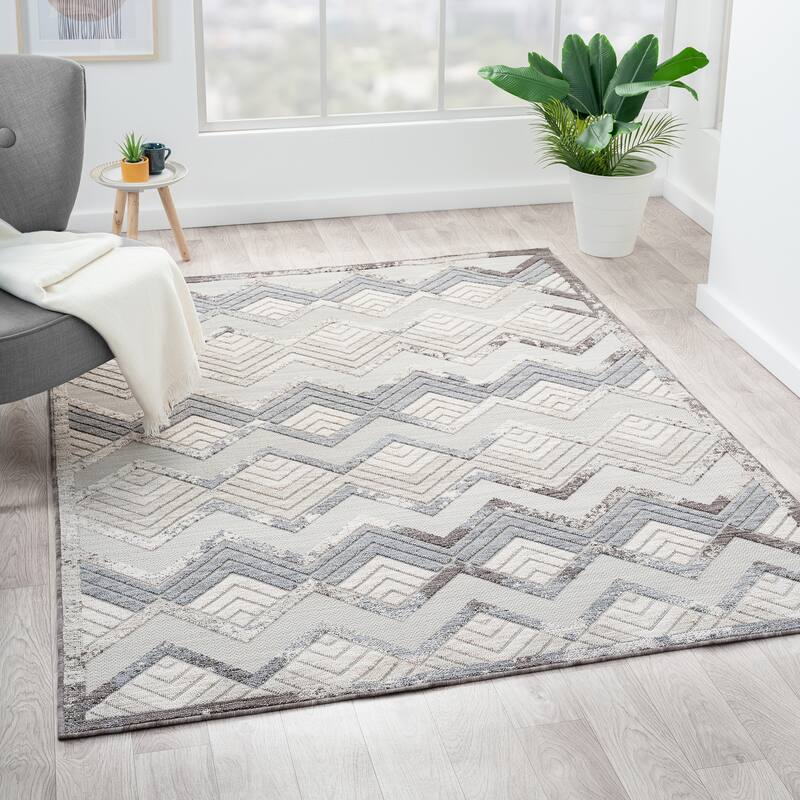 Sevita Light Blue/Ivory Chevron PET Yarn Indoor/Outdoor Area Rug