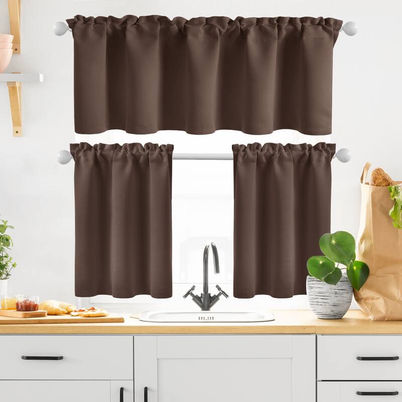 Rod Pocket Kitchen Curtain Valance and Tiers Set - 52x18+26x30 - Brown