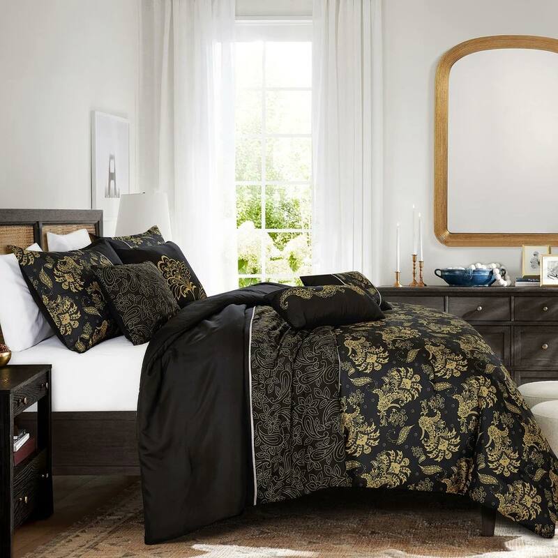 7 Piece Black & Gold Floral Comforter Set Embroidery Soft Bedding - King