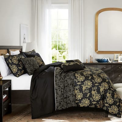 7 Piece Black & Gold Floral Comforter Set Embroidery Soft Bedding