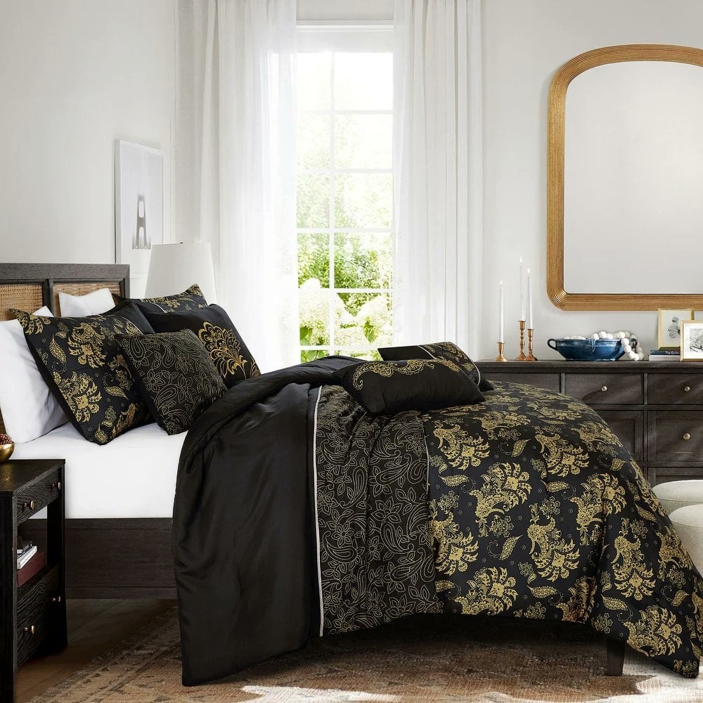 7 Piece Black & Gold Floral Comforter Set Embroidery Soft Bedding