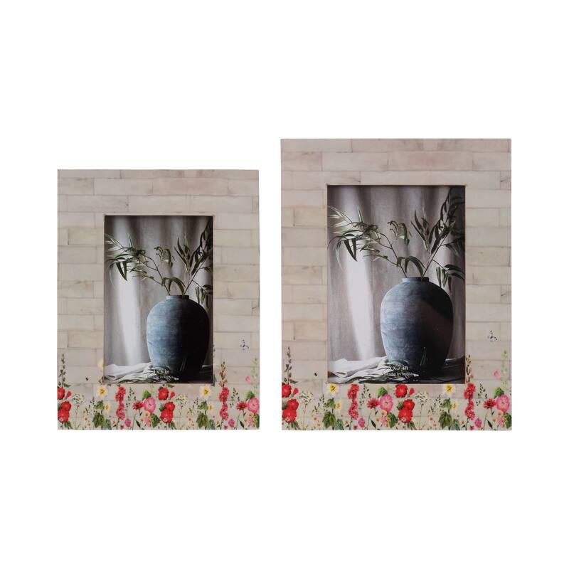 Sagebrook Home Neutral Textured Resin Rectangle Pink Flower Field Photo Frame