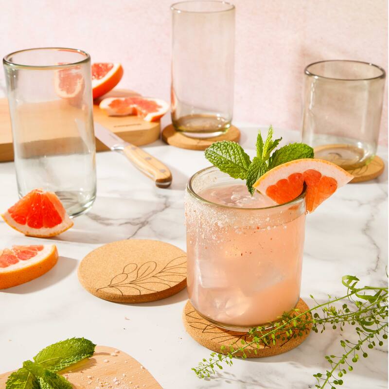Bloomhouse Sayulita Spring 8 Piece Hand Made 16 OZ Amber Glass Double Old Fashioned Set W/ Coasters